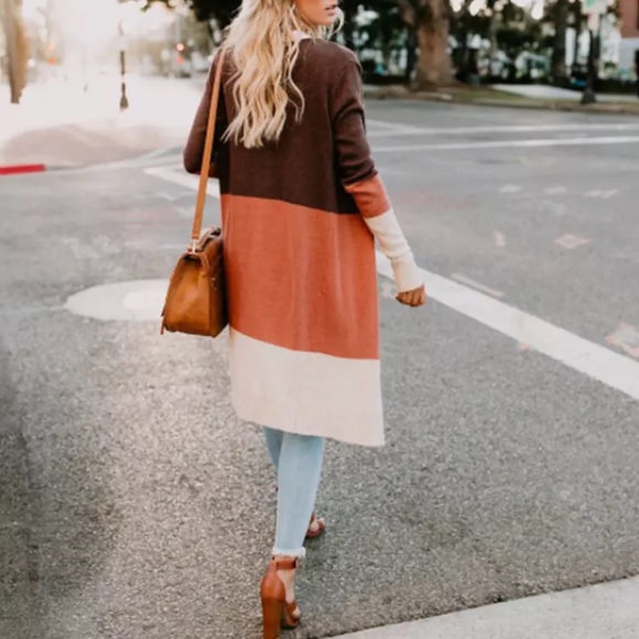Long Cardigan Sweater Brown Tan and Orange - Picture 3 of 7